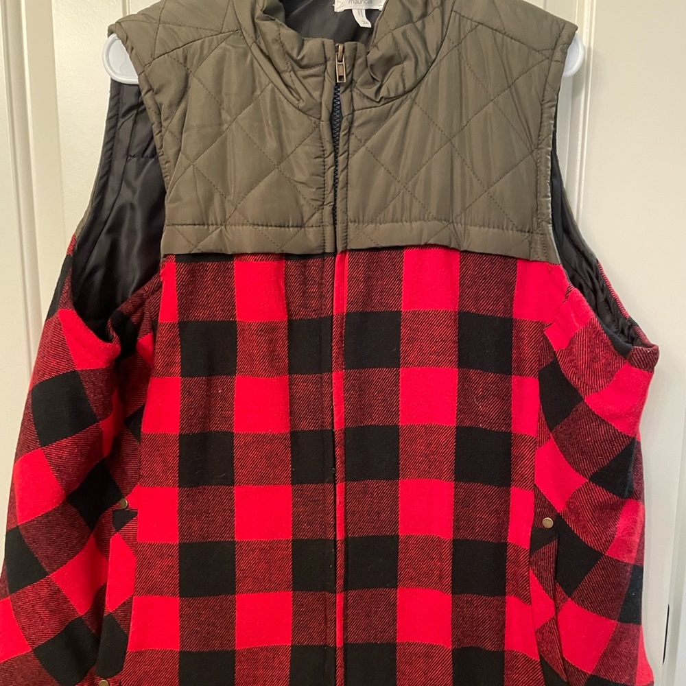 Maurices Red and Black Buffalo Plaid Quilted Yoke Vest